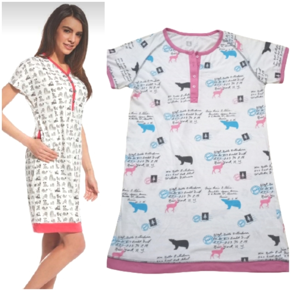 Beatiful Pink hems Nightshirt  Vneck printed Pajamas Sz S - Picture 1 of 7